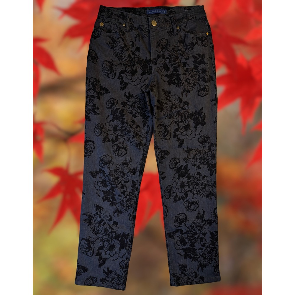 Bandolino Mandie Womens 8 Black Floral Flocked Straight Leg Pants High Rise